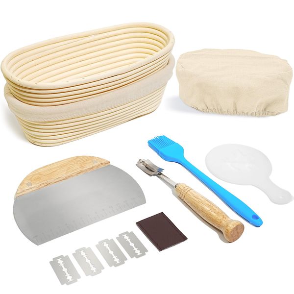 Unihopper 10 Inch Oval Bread Proofing Basket Set of 2 with Linen Liner, Dough Scraper, Basting Brush and Flouring Stencils Baking Supplies for Sourdough Bread Making Fermentation