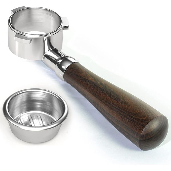 54mm Bottomless Naked Portafilter with 1 Filter Basket, Fits Sage/Breville Barista pro, Sage Bambino Plus, Sage Barista Touch Pro Heavier Natural Wood Handle, One Piece Moulded 304SUS Portafilter