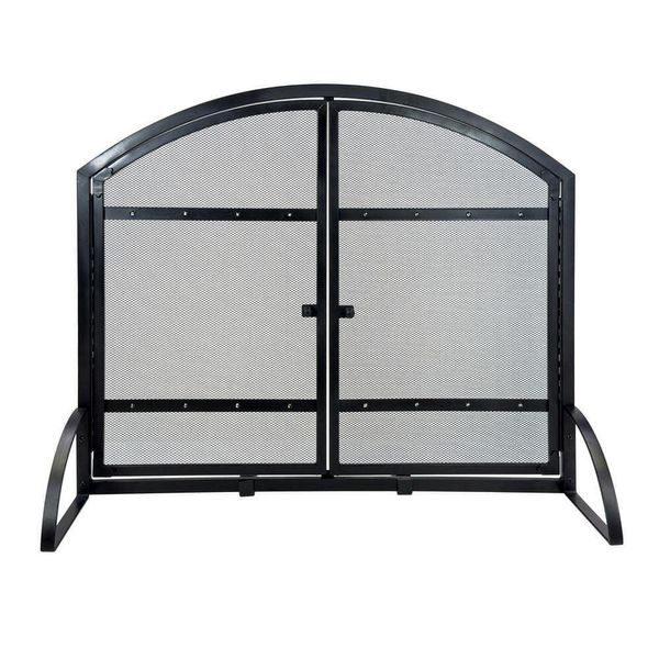 Pleasant Hearth Fireplace Screen 39" Modern 1-Panel Mesh Steel Black w/ Doors