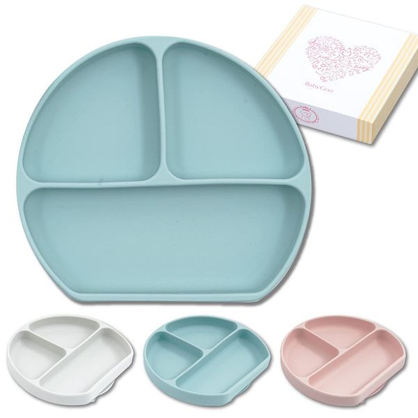 BabyGoo® Baby Tableware Plate, Non-Turning, Food Hygiene Tested, Baby Food, Cutlery, Suction Cups, Easy to Scoop, Silicone, Sticking Dish, Baby Popular, Baby Shower Gift (Pale Blue, Plate Single Item)