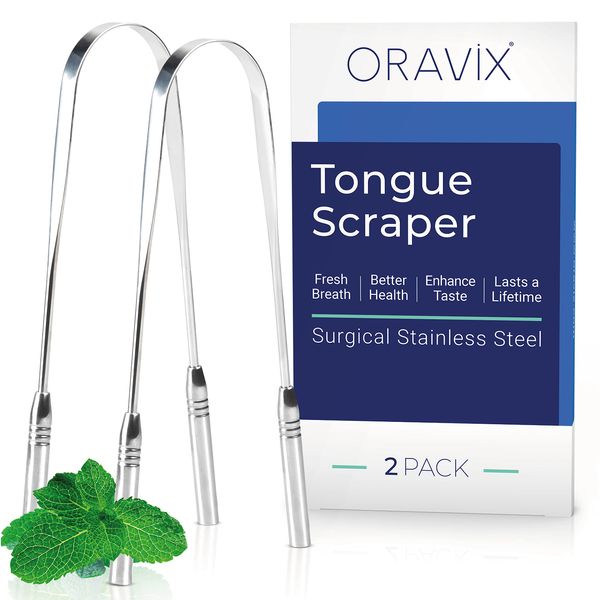 Tongue Scraper Stainless Steel | Two-pack | Tongue Cleaner | for a Fresh Breath and Better Oral Health | Stainless Steel Tongue Scrapers | Tongue Cleaner for Kids and Adults | ORAVIX