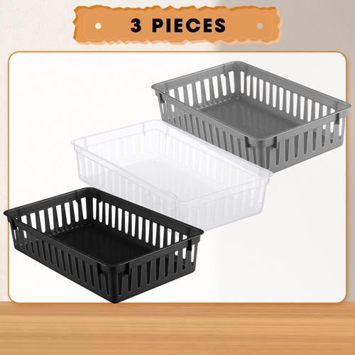 Boao 3 Pcs Plastic Baskets for Organizing Plastic Storage Basket 10.24 x 6.5 x 2.36 Inch Rectangular Storage Organizer Bins for Shelves Desktop Snack Cosmetics(Clear, Black, Grey)