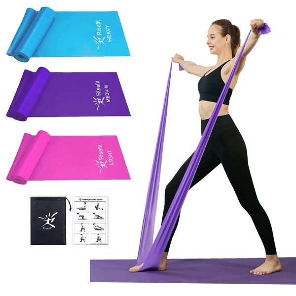 Therapy Flat Resistance Bands Set, Latex Free Flat Elastic Exercise Stretch Bands for Stretching, Flexibility, Pilates, Yoga, Ballet, Gymnastics, Rehab, Workout, Pink, Purple, Blue (3 Pack, 5 FT long)