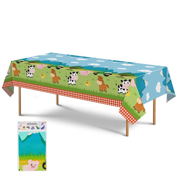 WERNNSAI Farm Animal Party Tablecloth - 1 PC 54" x 108" Farm Birthday Party Decorations Disposable Plastic Table Cover Farmhouse Animal Theme Party Supplies for Birthday Baby Shower Boys Girls