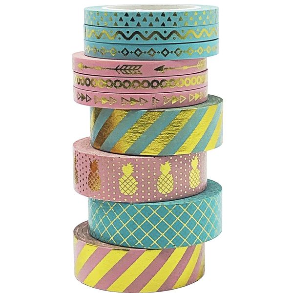 UOOOM 10 Rollen 10m Washi Tape Set gemischt breit und schmal 15mm 5mm Schöne Farbe Gold Masking Tape Deko Klebeband Bunte Klebebänder DIY Scrapbooking Dekoration (Design 9063)