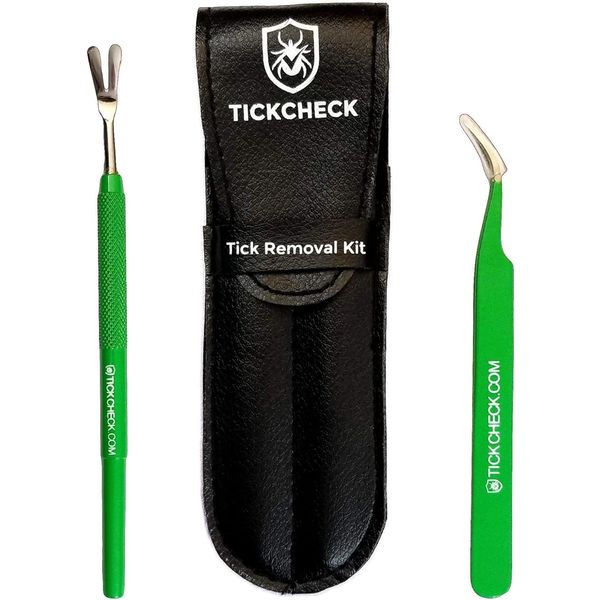 Premium Tick Remover Kit - Stainless Steel Tick Remover + Tweezers, Leather Case