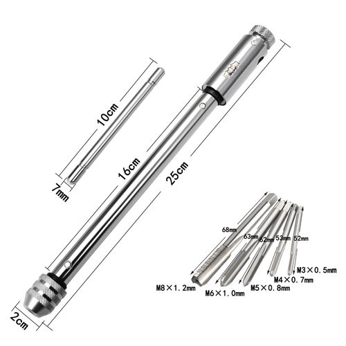 Kimlonton 6-Piece Screw Tap, Ratchet, Tap Holder, Forward and Reverse Rotation Switchable, Long Handle, Tap Wrench, Tap Drill, Connection, Tap Handle, Tool Set, M3, M4, M5, M6, M8, Adjustable