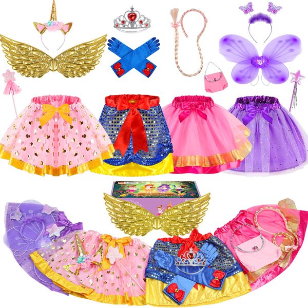 Teuevayl Little Girls Dress Up Clothes for Toddler, Princess Skirt Costume Set with Princess Gloves Crown Wings, Kids' Dress Up Pretend Play Toys Gift for 3-6 Girls