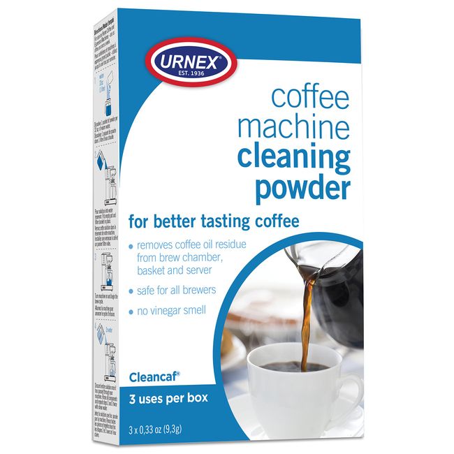 Urnex Coffee Maker and Espresso Machine Cleaner Cleancaf Powder - 3 Packets - Safe On Keurig Delonghi Nespresso Ninja Hamilton Beach Mr Coffee Braun