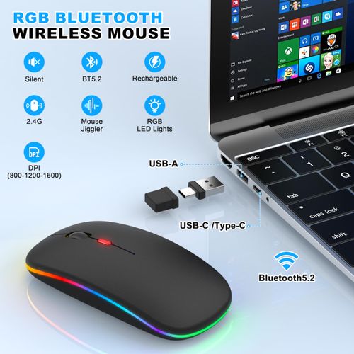 LED Bluetooth Wireless Mouse for MacBook Air Mac Pro Laptop Computer iPad, Rechargeable Silent Light-Up Mouse Jiggler Optical Dual Mode BT5.2 & USB-A/USB-C for Students, Kids, Girls, Boys - Black