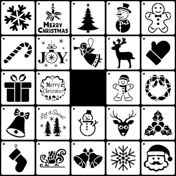 24pcs Christmas Stencils for Crafts, 3x3in Small Christmas Templates for Painting on Wood Reusable Snowman Decoration Stencils for DIY Xmas Ornaments Wood Sign Wall Decor