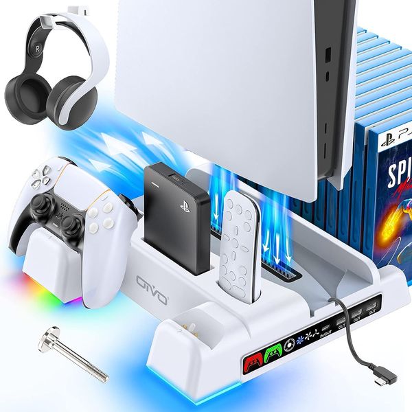 PS5 / PS5 Slim Stand and Cooling Station with RGB LED Controller Charging Station for Playstation 5 Console, PS5 Controller Charger, PS5 / PS5 Slim Accessories with 3 Level Cooling Fan, 3 USB Hub