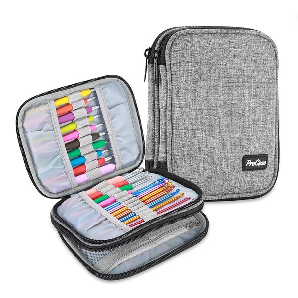 ProCase Tasche für Strickennadel Crochet Hook Case Organizer (Leer ohne Zubehör), Stricknadeltasche mit Netzfächern, Reise Tragetasche für Häkelnadeln Stricknadeln Werkzeuge Zubehör bis 6.5 "-Grau