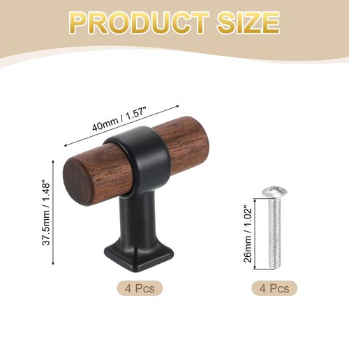 uxcell 4Pcs T-Bar Wooden Drawer Pulls, 1.57" x 0.69" Wood Cabinet Pulls Single Hole Drawer Knobs with Black Base and Screws for Home Kitchen Room Closet Cupboard, Dark Walnut