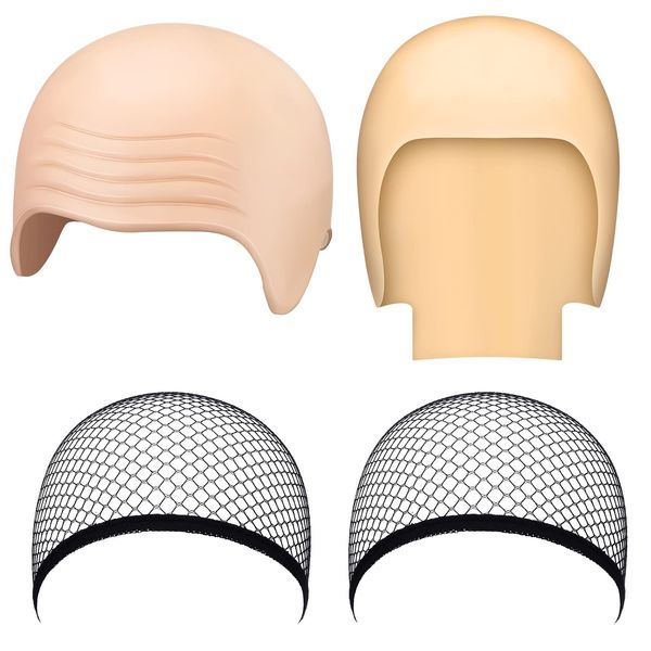 4 Pcs Halloween Bald Caps Halloween Costume Makeup Latex Thick Bald Wig Head Hair Nets Black Mesh Wig Cap Net Skull Head Wig Cap Fake Wig Cap Cosplay Costume Accessory for Theme Party Adults Kids