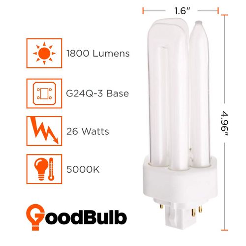 GoodBulb 26 Watt CFL Light Bulbs | 4 Pin GX24Q-3 Base 5000K Daylight | 26W High Output 1800 Lumens | Triple Tube Compact Fluorescent Light Bulbs Plug-in | 10 Pack