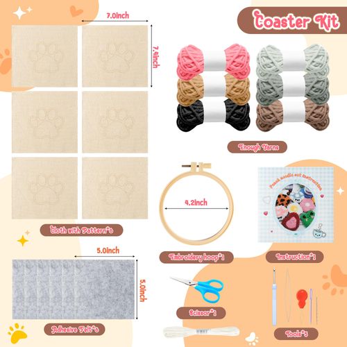 WATINC 22PCS Craft Punch Needle Coaster Kit with Claw Pattern DIY Needle Punch Craft Embroidery Kit for Beginner Easy Embroidery Coaster Art and Crafts Needle Coaster with Instruction for Adults