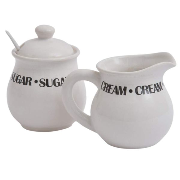 Traditional Ceramic Cream & Sugar Tableware Set - 3 Piece (Includes Sugar Spoon) - White with Black Lettering