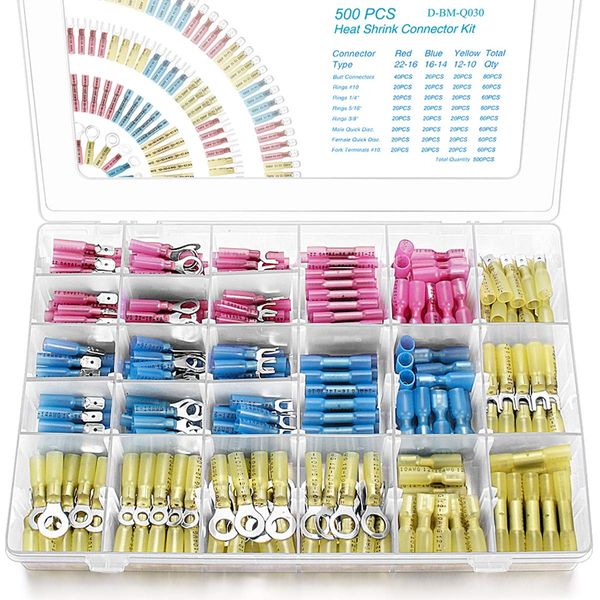 500 PCS Heat Shrink Wire Connectors Qibaok Insulated Electrical Terminals Kit Waterproof Marine Crimp Connector Assortment Ring Fork Spade Butt Splices