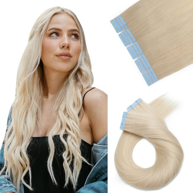 Elailite 20PCS Tape Extensions, Invisible Extensions Echthaar Tape, Tape in Extensions Echthaar, glatt, Remy Real Human Hair, 40cm 50g #60 Platinblond