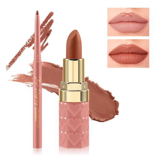 Boobeen 2Pcs Labbra Liner e rossetto Set di trucco, matita labbra vellutata Nude Lipliner Lip Gloss Make Up Set regalo per le donne, Ultra-Long-Lasting Matte ma non secco