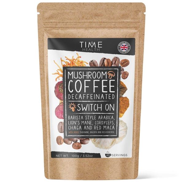 Decaf Mushroom Coffee Blend (Instant) - Arabica Coffee, Lion's Mane, Cordyceps, Chaga, Red Maca, Theanine, Bacopa & Resveratrol - Natural Energy & Focus - UK Made - 5% Micro Ground Coffee