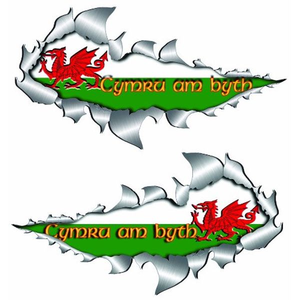 Large Size Welsh Cymru Am Byth Flag Metal Rip Open Sticker