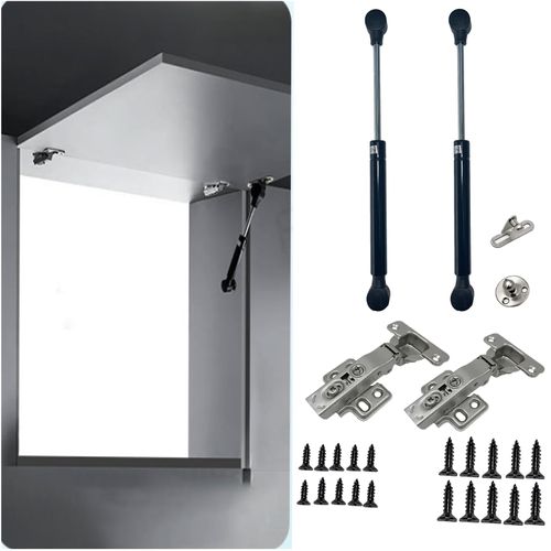 120N Black Cold-Rolled Steel Hydraulic Support Rod, Suitable for Upward-Opening Cabinet Doors — Includes 2 Cabinet Door Hinges (Including 2 Pneumatic Support rods + 2 Hinges)