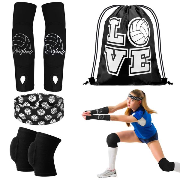 4 Pcs Volleyball Accessories Include Volleyball Knee Pads Volleyball Arm Sleeves Volleyball Drawstring Bag Volleyball Softball Headbands for Women Teens Girls Volleyball Training Dance (Black,Small)