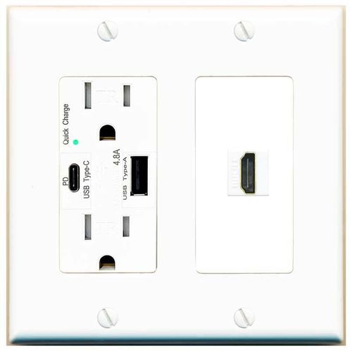 RiteAV HDMI Wall Plate 1 Port - USB A+C Charger [White/White]