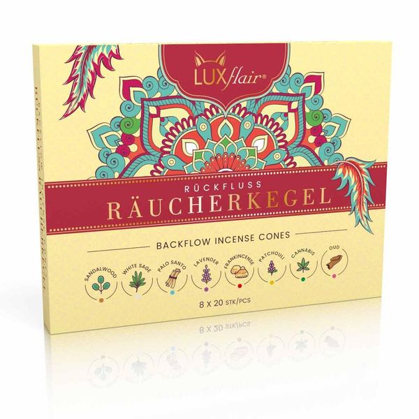 Rückfluss Räucherkegel Set mit 8 Düften à 25 Kegel=200 Kegel, Backflow, Wasserfall Räucherkerzen, natürlich hergestellt. Für Yoga, Meditation & Entspannung