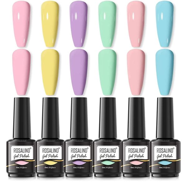 ROSALIND Smalto Semipermanente per Unghie, Colori Macaron Rosa Arancio Blu Lilla Verde Giallo Semipermanente Unghie, Soak off UV Gel Unghie Smalti per Unghie, 15ml Gel Nail Polish 6Pcs