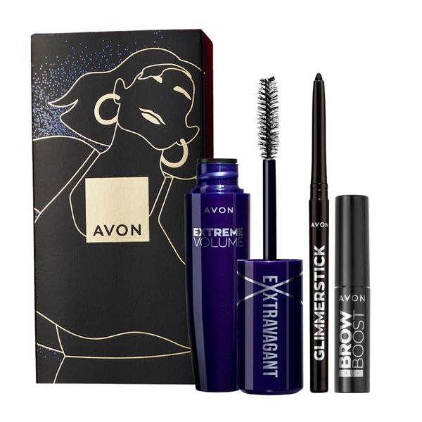 Avon Exxtravert Eye Three Piece Gift Set with Exxtravert Extreme Volume Mascara in Blackest Black 9.5ml, Glimmerstick Eyeliner in Blackest Black and Brow Boost Volume in Clear in a Gift Box