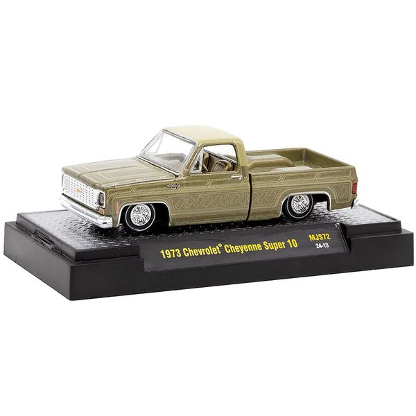 1973 Chevy Cheyenne Super 10 Pickup Truck Gold Metallic with Graphics Lowriders Limited Edition to 7700 Pieces Worldwide 1/64 Diecast Model Car by M2 31500-MJS72