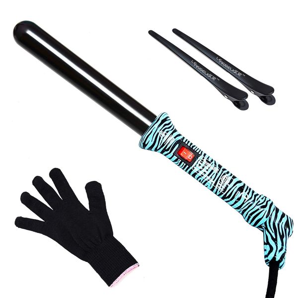 Le Angelique 1 Inch Ceramic Curling Wand for Beach Waves, Short & Long Curls - 25mm Professional Clipless Curler Iron with Glove and 2 Clips | 450F Instant Heat | Dual Voltage - Aqua Zebra