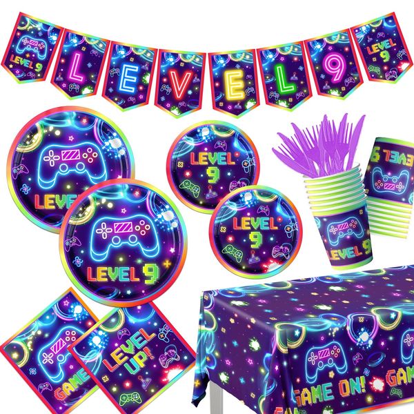 142pcs 9th Video Game Birthday Decorations for Boys Purple 9th Birthday Party Supplies Tableware 9th Video On Plates Napkins Banner Tablecloth Cups 9 Year Old Gamer Party Supplies