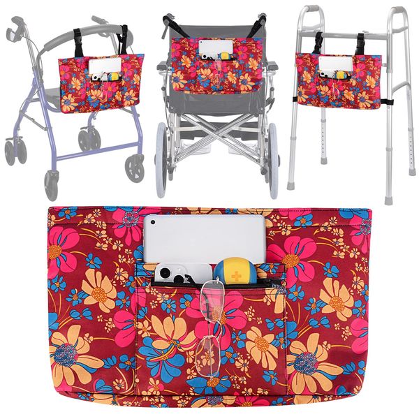 supregear Walker Bag with Soft Cooler, Accessories Basket Pouch with Detachable Preserve Heat Compartment and Cup Holder, Foldable Walker Organizer Tote for Walker Rollator Wheelchair Scooters, Floral