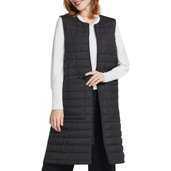 PACIBE Women Long Puffer Vest Down Quilted Lightweight Sleeveless Jacket with Pockets XXL, Black