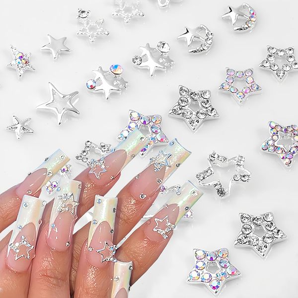 20Pcs Star Nail Charms for Acrylic Nails 3D Silver Stars Nail Rhinestones Star Design Nail Gems Jewels Crystal Diamond Alloy Star Nail Art Supplies Decor for Women Girls Nails Crafts DIY (Silver)