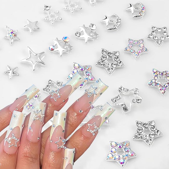 20Pcs Star Nail Charms for Acrylic Nails 3D Silver Stars Nail Rhinestones Star Design Nail Gems Jewels Crystal Diamond Alloy Star Nail Art Supplies Decor for Women Girls Nails Crafts DIY (Silver)