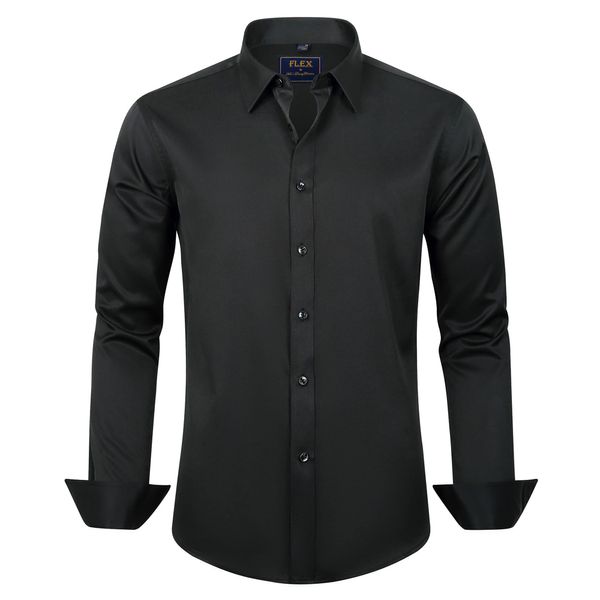 J.VER Men's Long Sleeve Black Dress Shirt Regular Fit Solid Business Casual Formal Shirt Button Down Wedding Work Stretch Non Iron S