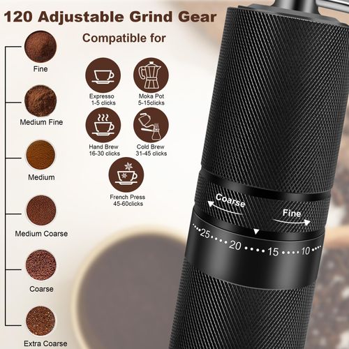 Coffee Grinder, 120 External Adjustable Settings Manual Coffee Grinder, Hand Burr Coffee Bean Grinder with Handle Crank for French Espresso Moka, Stainless Steel Conical Burr Mill, Capacity 28g