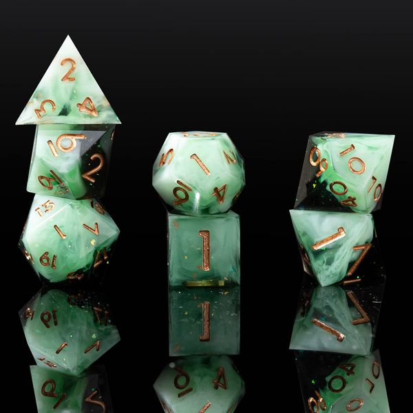 Sharp Edge DND Dice Set Handmade 7 Accessories Dice for Dungeons and Dragons TTRPG Games, Multi-Sided RPG Polyhedral Resin Sharp Edge Dice Roleplaying Games Shadowrun Pathfinder MTG(Gradient Green)