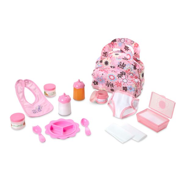 Melissa & Doug Doll Feeding and Changing Accessories - Bib, Bag, Diaper, Wipes, Utensils, Bottles - Mine To Love Baby Doll Diaper Bag, Baby Doll Accessories For Kids Ages 3+,Pink