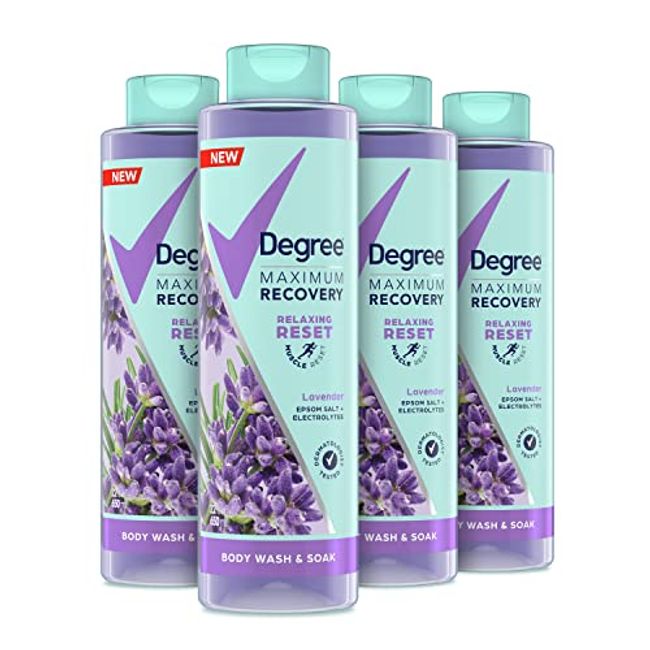 Degree Maximum Recovery Body Wash and Soak Post-Workout Recovery Skincare Routine Lavender Extract + Epsom Salt + Electrolytes Bath and Body Product 22 Fl Oz (Pack of 4)