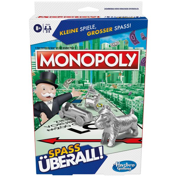 Monopoly Kompakt Brettspiel, klassisches Familienspiel in der Reiseversion für unterwegs, 2 bis 6 Spieler, Strategiespiel geeignet ab 8 Jahren, originelle für die Familie