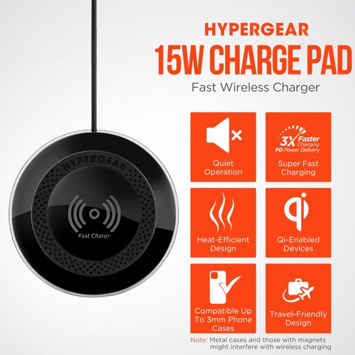 HyperGear ChargePad Pro Wireless Charging Pad - 15W Fast Charging Wireless Charger with Soft Grips & LED Power Indicator, Compatible with Apple iPhone & Android Devices - Black