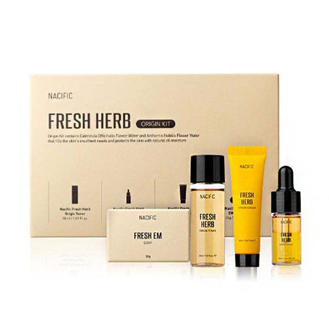 Nacific Fresh Herb Origin 4 PC Skincare Kit with Toner, Serum, Cream, EM Soap