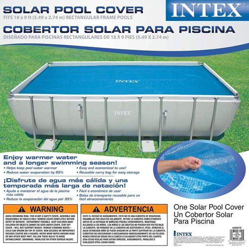 Intex Solar Pool Cover for 18' x 9' Rectangular Frame Outdoor Swimming Pools with Carrying Storage Bag, (Pool Cover Only), Blue