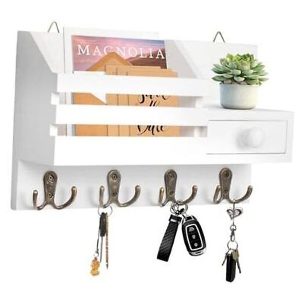 Key Mail Holder for Wall, White Wooden Key Mail Organizer with Drawer Wall